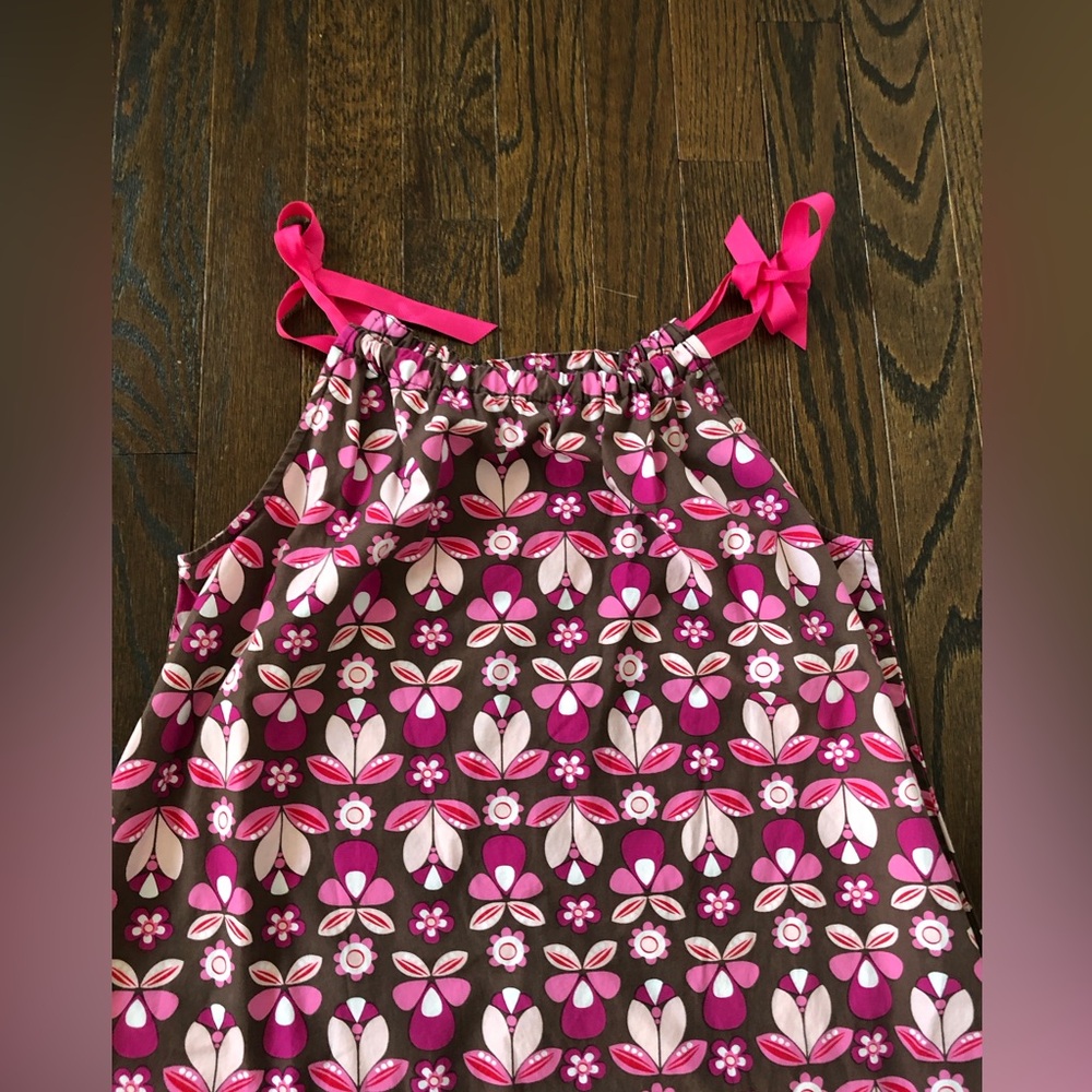 Hanna Andersson Girls 12 (150cm) Brown w/Pink Flowers Ruched Halter Shift Dress - Picture 2 of 11